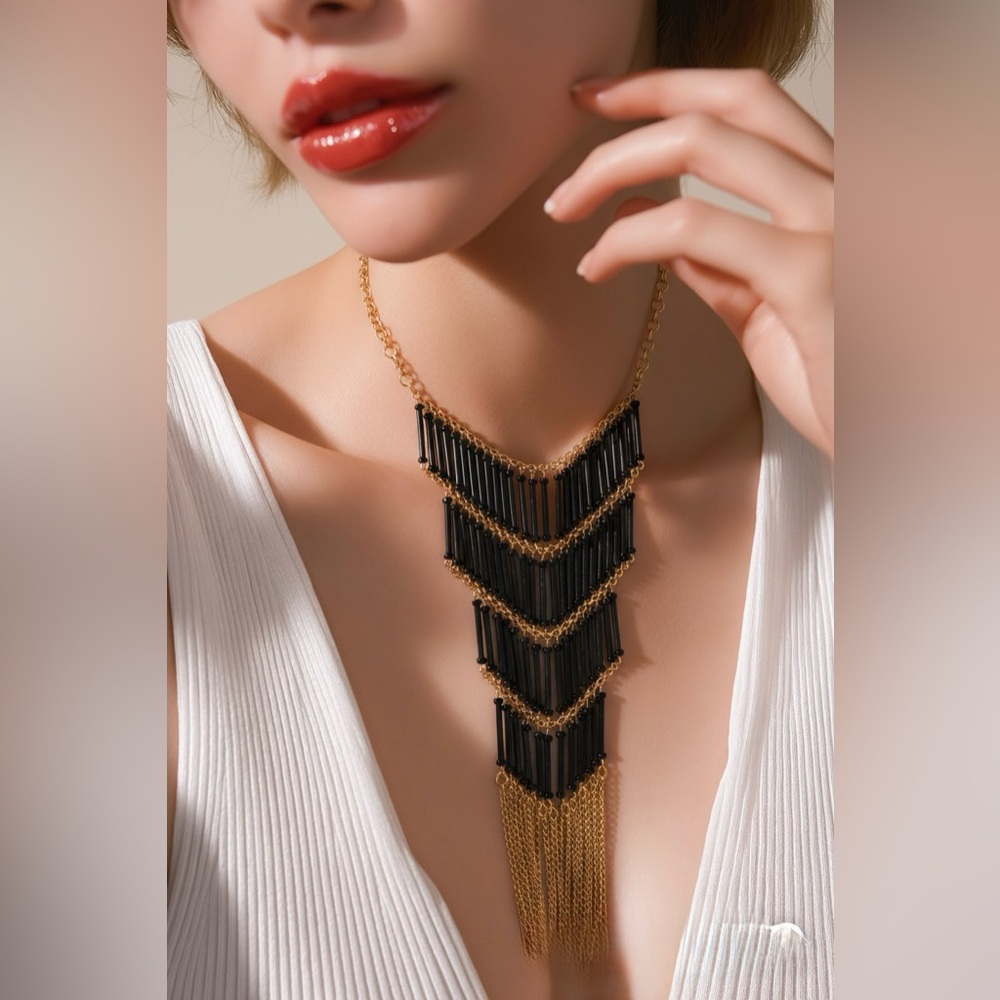 Bold Boho Statement Jewelry – Black & Gold Pyramid Necklace